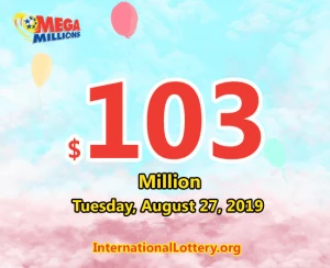 2019年8月23日的Mega Millions兑奖结果，头奖金额为1亿300万美元。